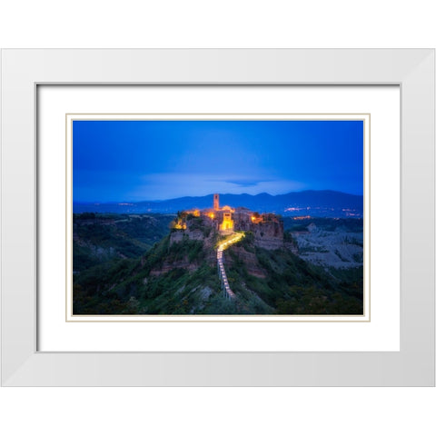 Europe-Italy-Civita di Bagnoregio-Medieval hilltop town lit at sunset White Modern Wood Framed Art Print with Double Matting by Jaynes Gallery