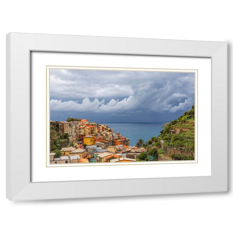 Europe-Italy-Manarola-Landscape with town and ocean White Modern Wood Framed Art Print with Double Matting by Jaynes Gallery