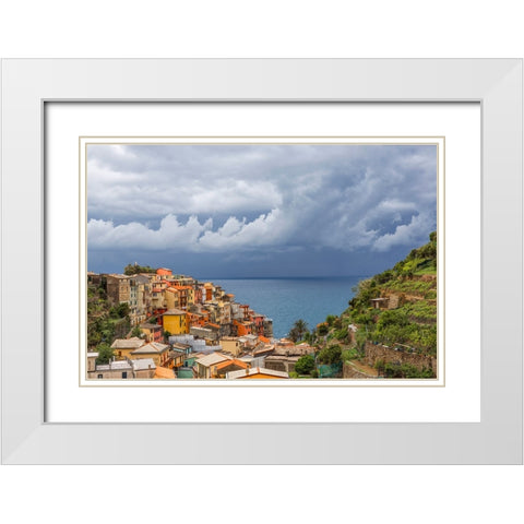 Europe-Italy-Manarola-Landscape with town and ocean White Modern Wood Framed Art Print with Double Matting by Jaynes Gallery