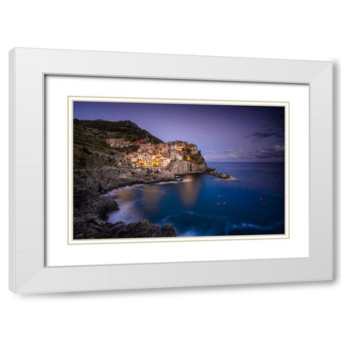 Europe-Italy-Manarola-Sunset coastline with town and ocean White Modern Wood Framed Art Print with Double Matting by Jaynes Gallery