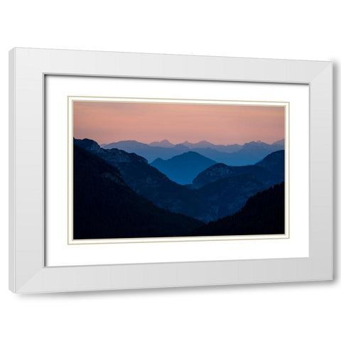 Europe-Italy-Friuli Venezia Giulia-Foggy Monte Lussari mountain at sunset White Modern Wood Framed Art Print with Double Matting by Jaynes Gallery