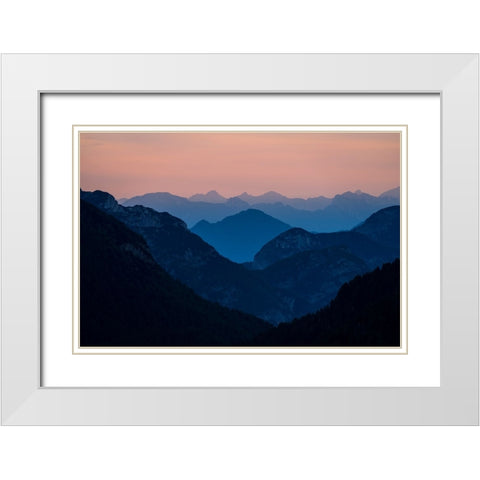 Europe-Italy-Friuli Venezia Giulia-Foggy Monte Lussari mountain at sunset White Modern Wood Framed Art Print with Double Matting by Jaynes Gallery