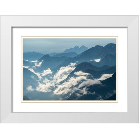 Europe-Italy-Friuli Venezia Giulia-Foggy Monte Lussari mountain at sunset White Modern Wood Framed Art Print with Double Matting by Jaynes Gallery