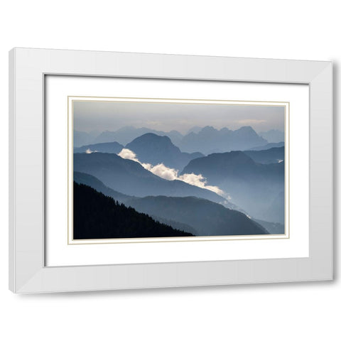 Europe-Italy-Friuli Venezia Giulia-Foggy Monte Lussari mountain at sunset White Modern Wood Framed Art Print with Double Matting by Jaynes Gallery