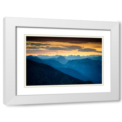 Europe-Italy-Friuli Venezia Giulia-Foggy Monte Lussari mountain at sunset White Modern Wood Framed Art Print with Double Matting by Jaynes Gallery