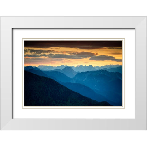 Europe-Italy-Friuli Venezia Giulia-Foggy Monte Lussari mountain at sunset White Modern Wood Framed Art Print with Double Matting by Jaynes Gallery