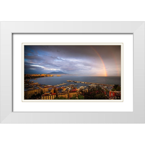 Europe-Italy-Naples-Overview of city and Mt-Vesuvius with rainbow White Modern Wood Framed Art Print with Double Matting by Jaynes Gallery