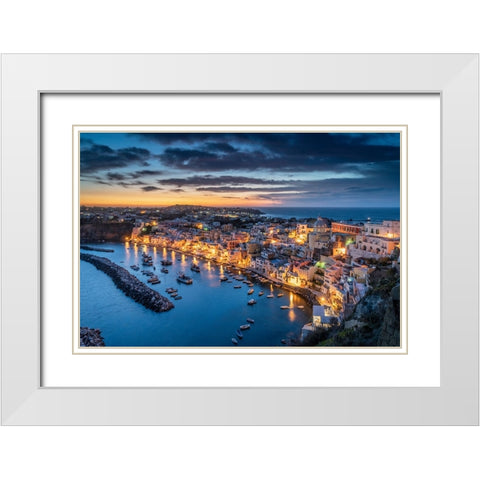 Europe-Italy-Procida-Overview of city and Marina Corricella at sunset White Modern Wood Framed Art Print with Double Matting by Jaynes Gallery