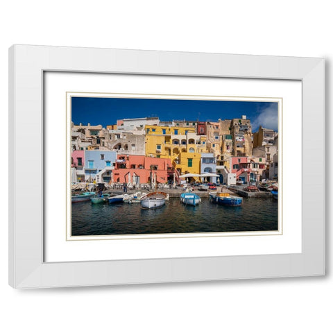 Europe-Italy-Procida-City houses and boats in Marina Corricella White Modern Wood Framed Art Print with Double Matting by Jaynes Gallery