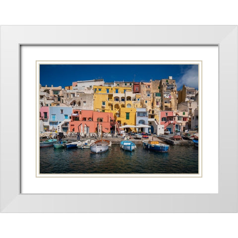 Europe-Italy-Procida-City houses and boats in Marina Corricella White Modern Wood Framed Art Print with Double Matting by Jaynes Gallery