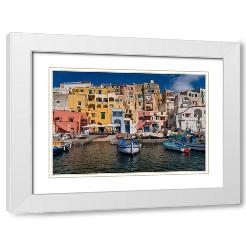 Europe-Italy-Procida-City houses and boats in Marina Corricella White Modern Wood Framed Art Print with Double Matting by Jaynes Gallery