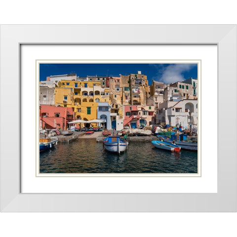 Europe-Italy-Procida-City houses and boats in Marina Corricella White Modern Wood Framed Art Print with Double Matting by Jaynes Gallery