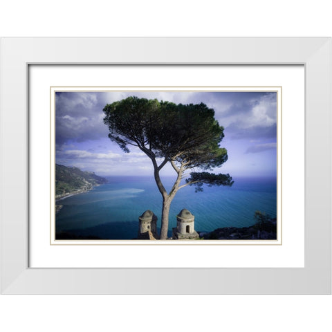 Europe-Italy-Ravello-Cypress tree and church domes overlook ocean White Modern Wood Framed Art Print with Double Matting by Jaynes Gallery