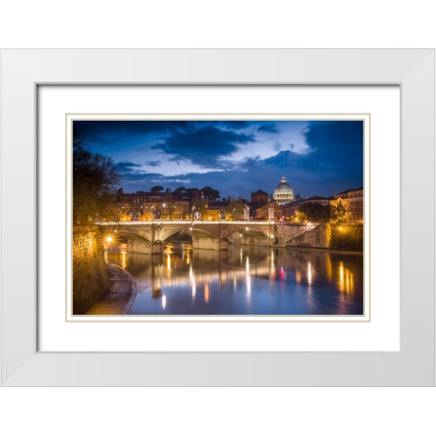 Europe-Italy-Rome-Dome of Sistine Chapel with Tiber River and bridge lit at sunset White Modern Wood Framed Art Print with Double Matting by Jaynes Gallery