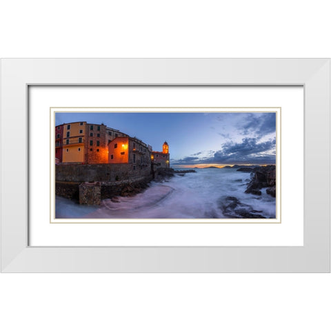 Europe-Italy-Tellaro-Panoramic of village and sea at sunset White Modern Wood Framed Art Print with Double Matting by Jaynes Gallery