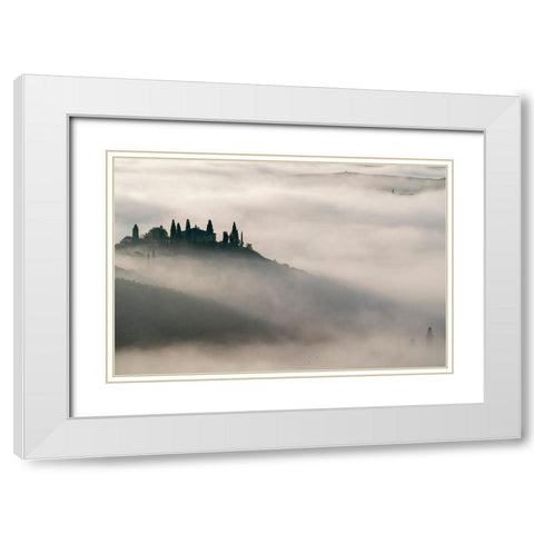 Europe-Italy-Tuscany-Val dOrcia-Belvedere farmhouse at sunrise with fog White Modern Wood Framed Art Print with Double Matting by Jaynes Gallery