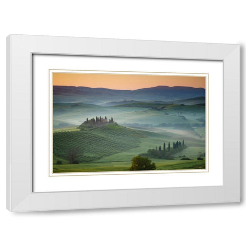 Europe-Italy-Tuscany-Val d Orcia-Belvedere farmhouse at sunrise White Modern Wood Framed Art Print with Double Matting by Jaynes Gallery