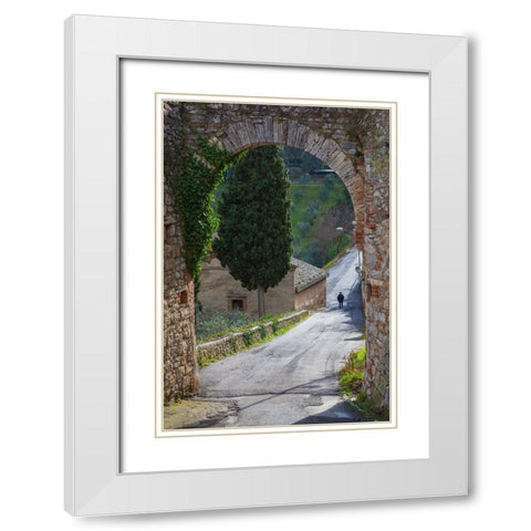 Europe-Italy-Tuscany-Val d Orcia-Lone person walking on rural road White Modern Wood Framed Art Print with Double Matting by Jaynes Gallery