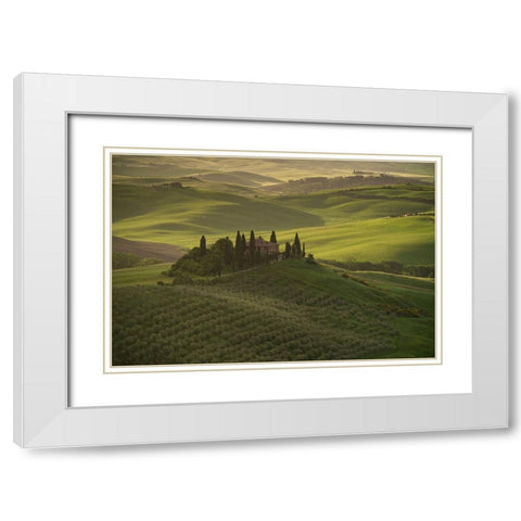 Europe-Italy-Tuscany-Val dOrcia-Belvedere farmhouse at sunrise  White Modern Wood Framed Art Print with Double Matting by Jaynes Gallery