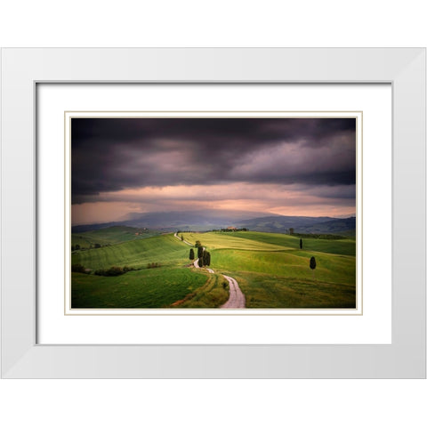 Europe-Italy-Tuscany-Val dOrcia-Road through farming landscape White Modern Wood Framed Art Print with Double Matting by Jaynes Gallery