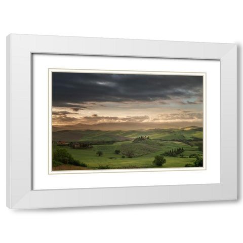 Europe-Italy-Tuscany-Val d Orcia-Belvedere farmhouse at sunrise White Modern Wood Framed Art Print with Double Matting by Jaynes Gallery