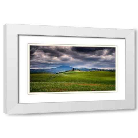Europe-Italy-Tuscany-Val d Orcia-Farmland under stormy sky White Modern Wood Framed Art Print with Double Matting by Jaynes Gallery