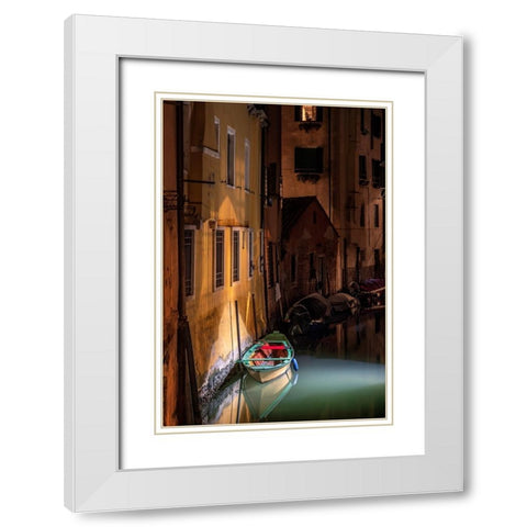 Europe-Italy-Venice-Wooden boat and reflections on still canal at night White Modern Wood Framed Art Print with Double Matting by Jaynes Gallery