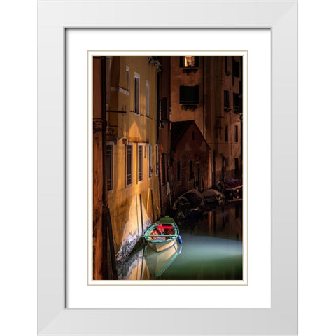 Europe-Italy-Venice-Wooden boat and reflections on still canal at night White Modern Wood Framed Art Print with Double Matting by Jaynes Gallery