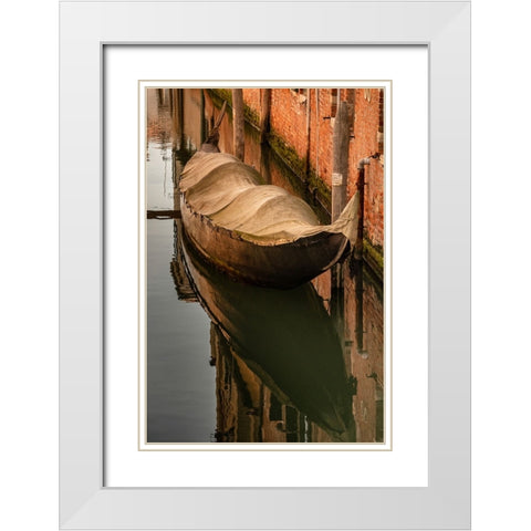 Europe-Italy-Venice-Covered old gondola on canal White Modern Wood Framed Art Print with Double Matting by Jaynes Gallery