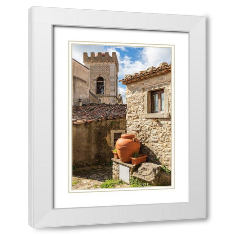 Messina Province-Montalbano Elicona Terra cotta urns next to old stone building White Modern Wood Framed Art Print with Double Matting by Wilson, Emily