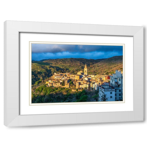 Messina Province-Novara di Sicilia The medieval hill town of Novara di Sicilia at sunset White Modern Wood Framed Art Print with Double Matting by Wilson, Emily