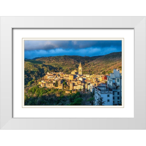 Messina Province-Novara di Sicilia The medieval hill town of Novara di Sicilia at sunset White Modern Wood Framed Art Print with Double Matting by Wilson, Emily