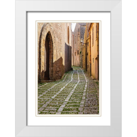 Trapani Province-Erice A narrow cobblestone street in the ancient hill town of Erice White Modern Wood Framed Art Print with Double Matting by Wilson, Emily