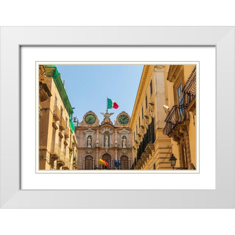 Trapani Province-Trapani Clock tower with the Italian flag in the city center of Trapani White Modern Wood Framed Art Print with Double Matting by Wilson, Emily