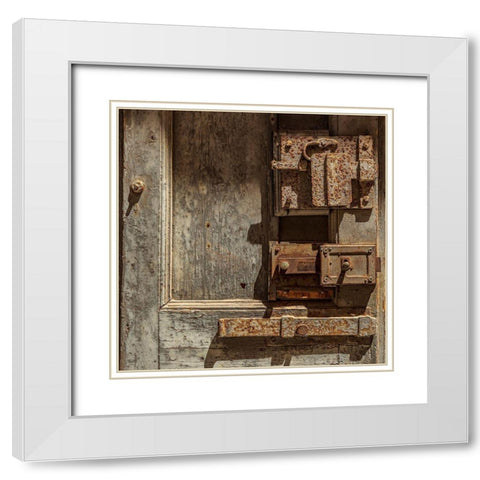 Italy-Apulia-Metropolitan City of Bari-Giovinazzo Old wooden door with massive rusted metal locks White Modern Wood Framed Art Print with Double Matting by Wilson, Emily