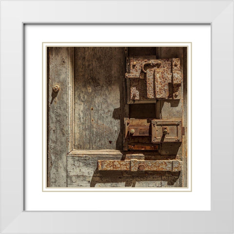 Italy-Apulia-Metropolitan City of Bari-Giovinazzo Old wooden door with massive rusted metal locks White Modern Wood Framed Art Print with Double Matting by Wilson, Emily