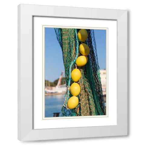 Italy-Apulia-Province of Barletta-Andria-Trani-Trani Close-up of fishing net and floats White Modern Wood Framed Art Print with Double Matting by Wilson, Emily