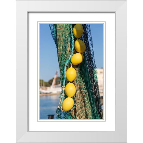 Italy-Apulia-Province of Barletta-Andria-Trani-Trani Close-up of fishing net and floats White Modern Wood Framed Art Print with Double Matting by Wilson, Emily