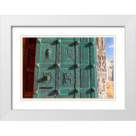 Italy-Apulia-Trani-Trani San Nicola Pellegrino cathedral Intricately carved door White Modern Wood Framed Art Print with Double Matting by Wilson, Emily