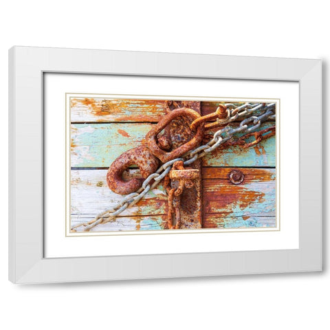 Rusty lock and chain on light blue wood White Modern Wood Framed Art Print with Double Matting by Wilson, Emily
