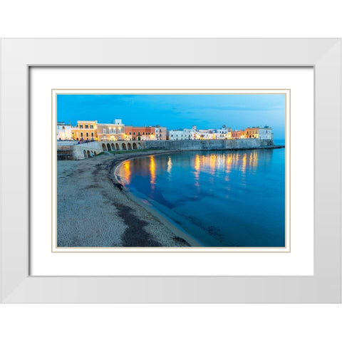 Italy-Apulia-Province of Lecce-Gallipoli Beach and old town section over the Ionian Sea at dusk White Modern Wood Framed Art Print with Double Matting by Wilson, Emily