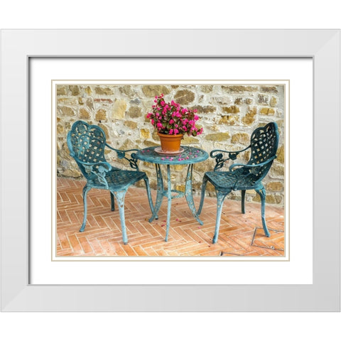Italy-Chianti Table and chairs with a flowering begonia  White Modern Wood Framed Art Print with Double Matting by Eggers, Julie