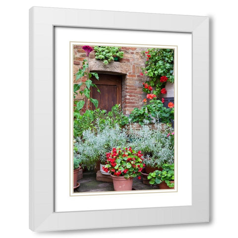 Italy-Tuscany-Pienza Potted plants in the corner of a street in the town of Pienza White Modern Wood Framed Art Print with Double Matting by Eggers, Julie