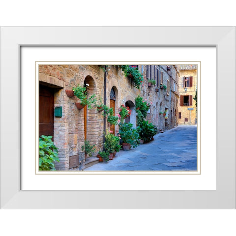 Italy-Tuscany-Pienza Flower pots and potted plants decorate a narrow street in a Tuscany village White Modern Wood Framed Art Print with Double Matting by Eggers, Julie