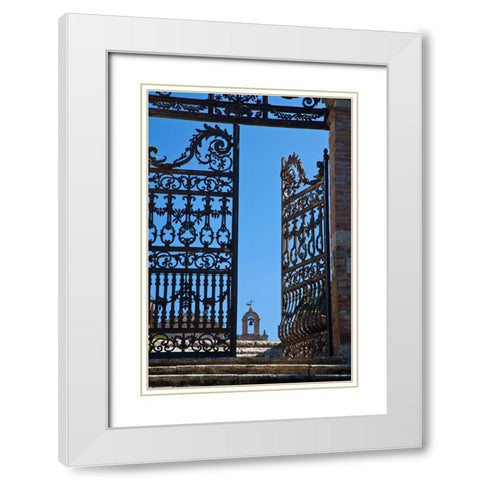 Italy-Tuscany-Montepulciano The wrought iron gate leading to the cemetery the Church of San Biaggio White Modern Wood Framed Art Print with Double Matting by Eggers, Julie