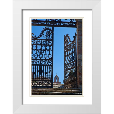 Italy-Tuscany-Montepulciano The wrought iron gate leading to the cemetery the Church of San Biaggio White Modern Wood Framed Art Print with Double Matting by Eggers, Julie