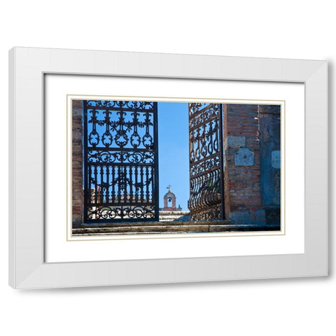 Italy-Tuscany-Montepulciano The wrought iron gate leading to cemetery near Church of San Biaggio White Modern Wood Framed Art Print with Double Matting by Eggers, Julie