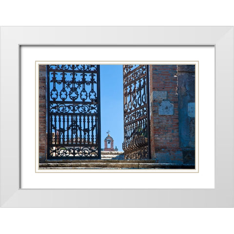 Italy-Tuscany-Montepulciano The wrought iron gate leading to cemetery near Church of San Biaggio White Modern Wood Framed Art Print with Double Matting by Eggers, Julie