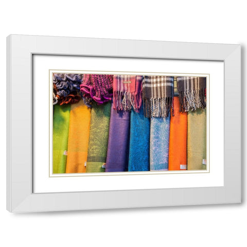 Italy-Venice Colorful scarfs on display and for sale along the streets of Venice White Modern Wood Framed Art Print with Double Matting by Eggers, Julie