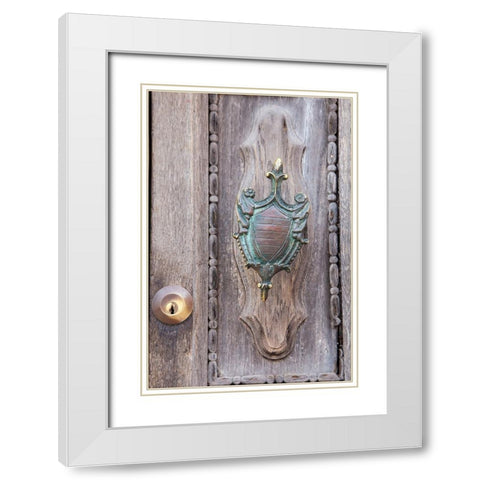 Italy-Venice-Burano Island Closeup of brass detail on an old wooden door on Burano Island White Modern Wood Framed Art Print with Double Matting by Eggers, Julie